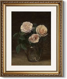 HUARCEY Embossed Gold Framed Vintage Rose Canvas Wall Art 13x16 Inch | Classic Floral Still Life Romantic Flower Painting, Traditional Elegant Artwork Living Room Bedroom Hallway Home Wall Decor