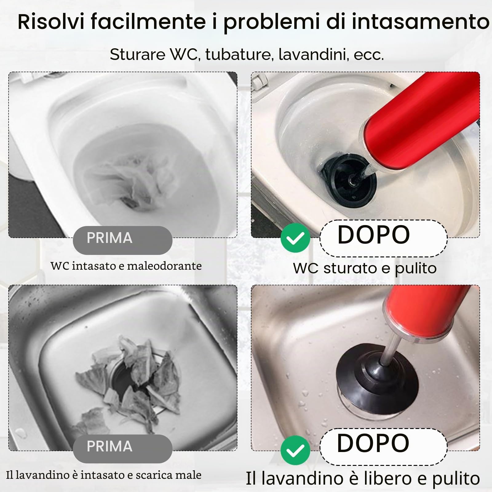 Sturatore per canalizzazioni ad aria compressa 0,8 MPa, pompa ad alta pressione con 2 ugelli in gomma e tubo di prolunga per cucina, bagno, WC e uso industriale