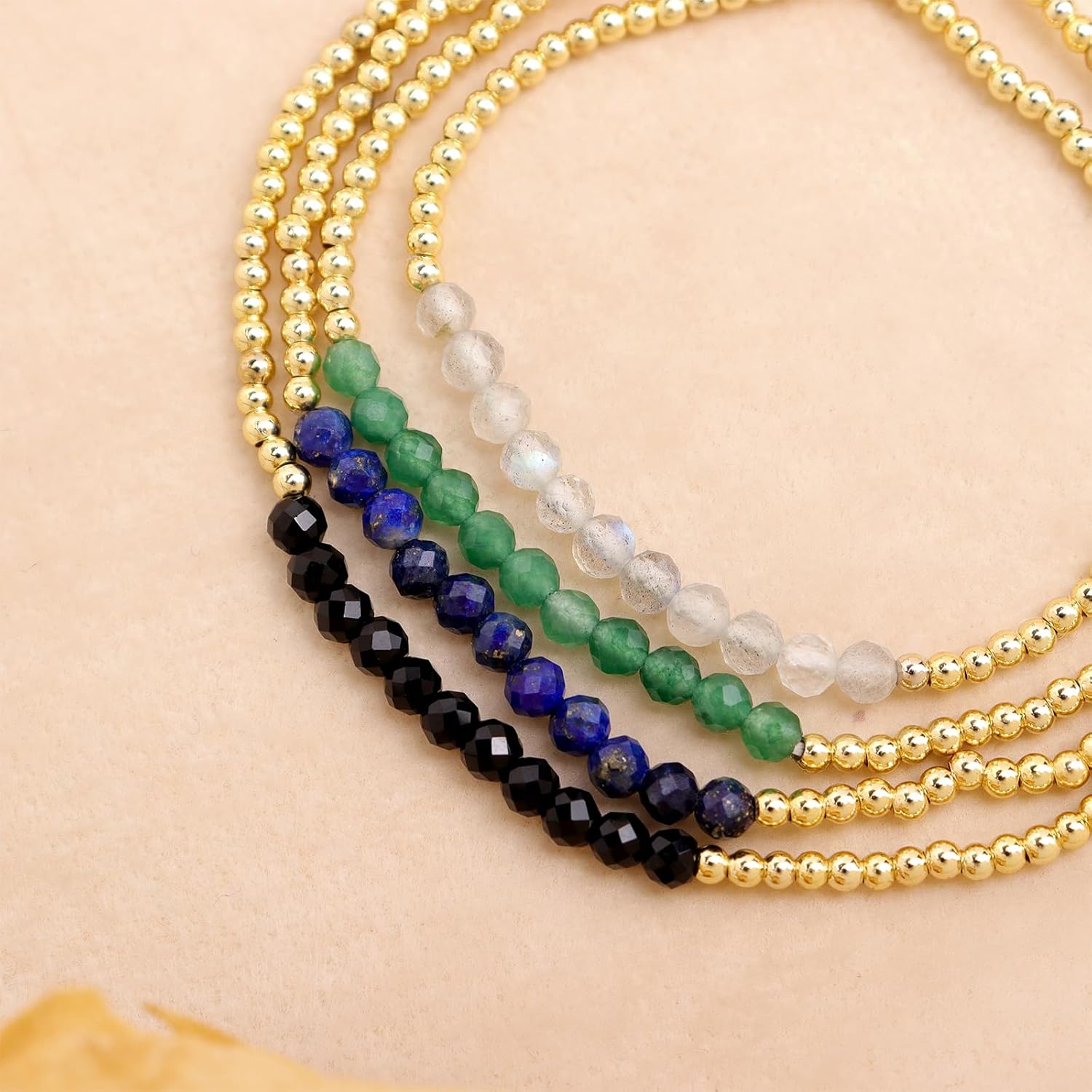 Gold Beaded Gemstone Bracelets Stack Set for Women, Trendy 4Pcs Boho Handmade Navy Green White Black Natural Stones Beads Stackable Bracelet Summer Beach Jewelry Gift. - Image 4