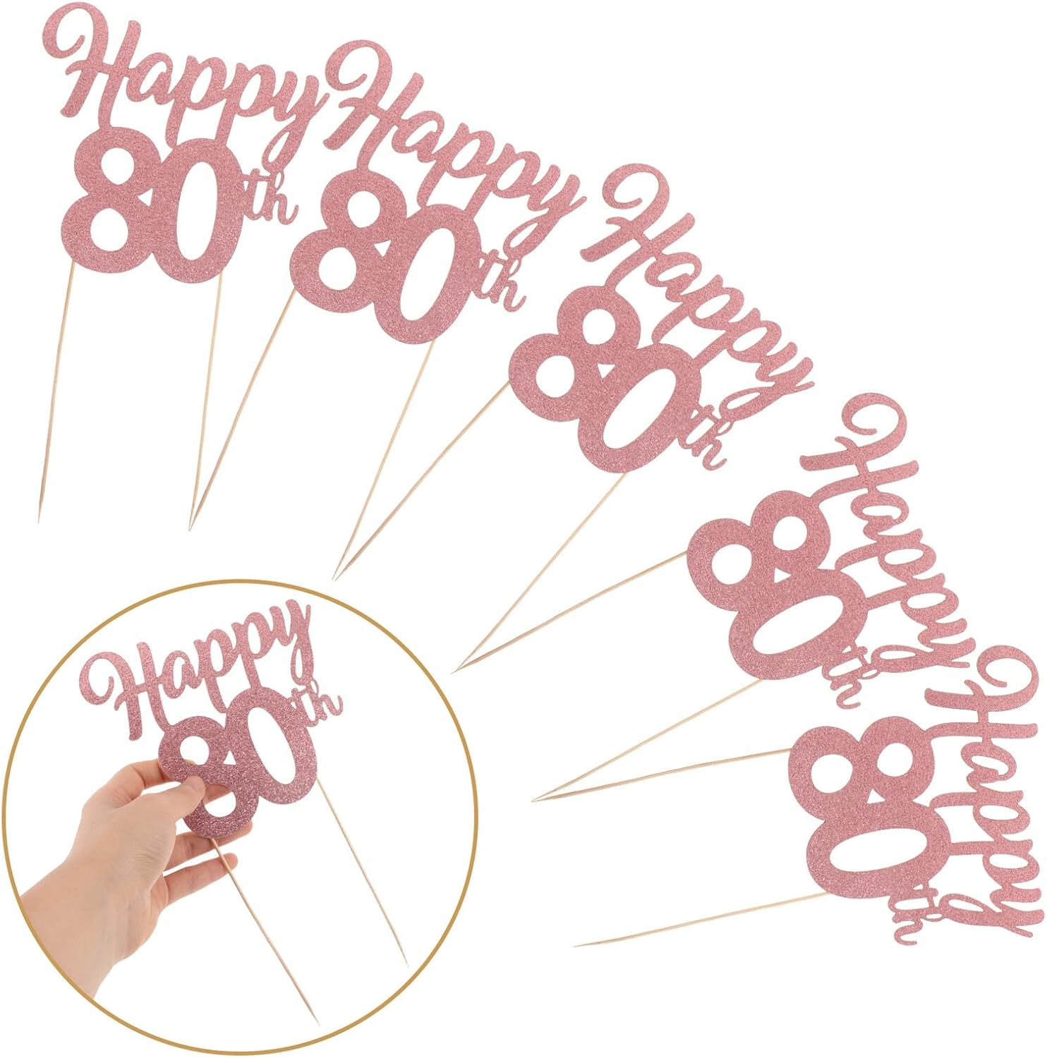 80th Birthday Cake Insert Sign and Cupcake Topper Set, Glitter Non-edible Cake Picks for Anniversary Celebration Party Decorations, 5pcs