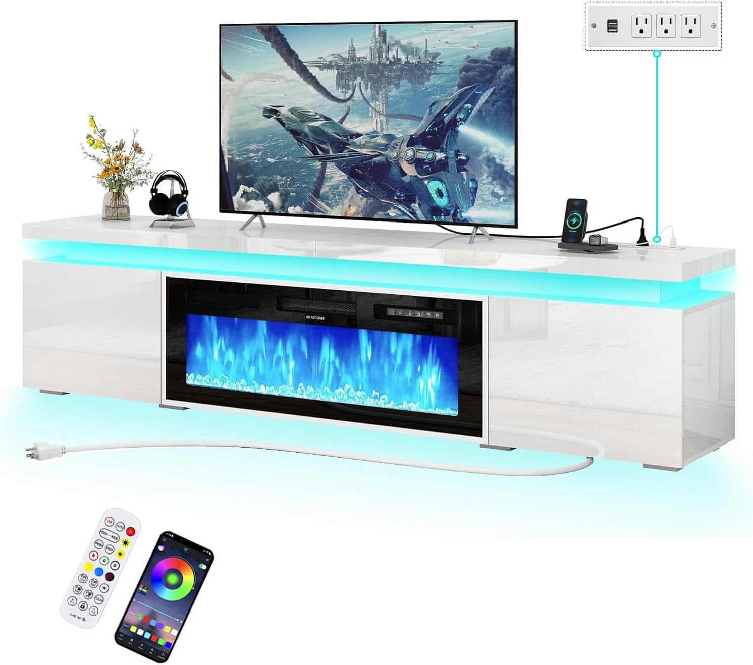 St.Mandyu Fireplace TV Stand for 95" TV, 83" LED TV Stand with 40" Electric Fireplace & Power Outlet, High Gloss Surface, 2 Storage Cabinet, Modern Style (83 Inch, White)