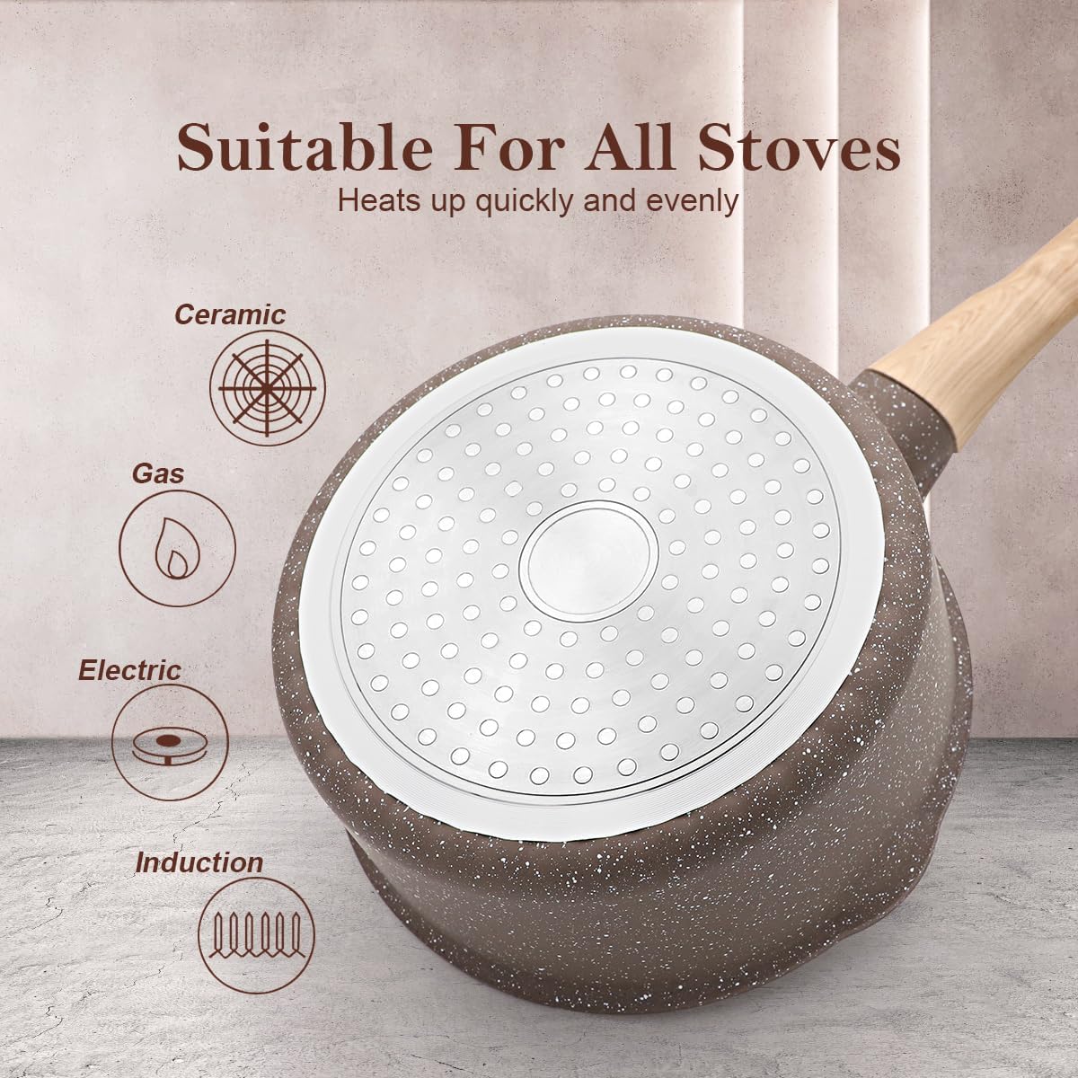 AIKENBBKK 2.3 Quart Ceramic Nonstick Saucepan with Lid, Small Sauce Pot with Pour Spouts for Multipurpose Use, milk Pan with Detachable Handle, Oven Safe (Brown)