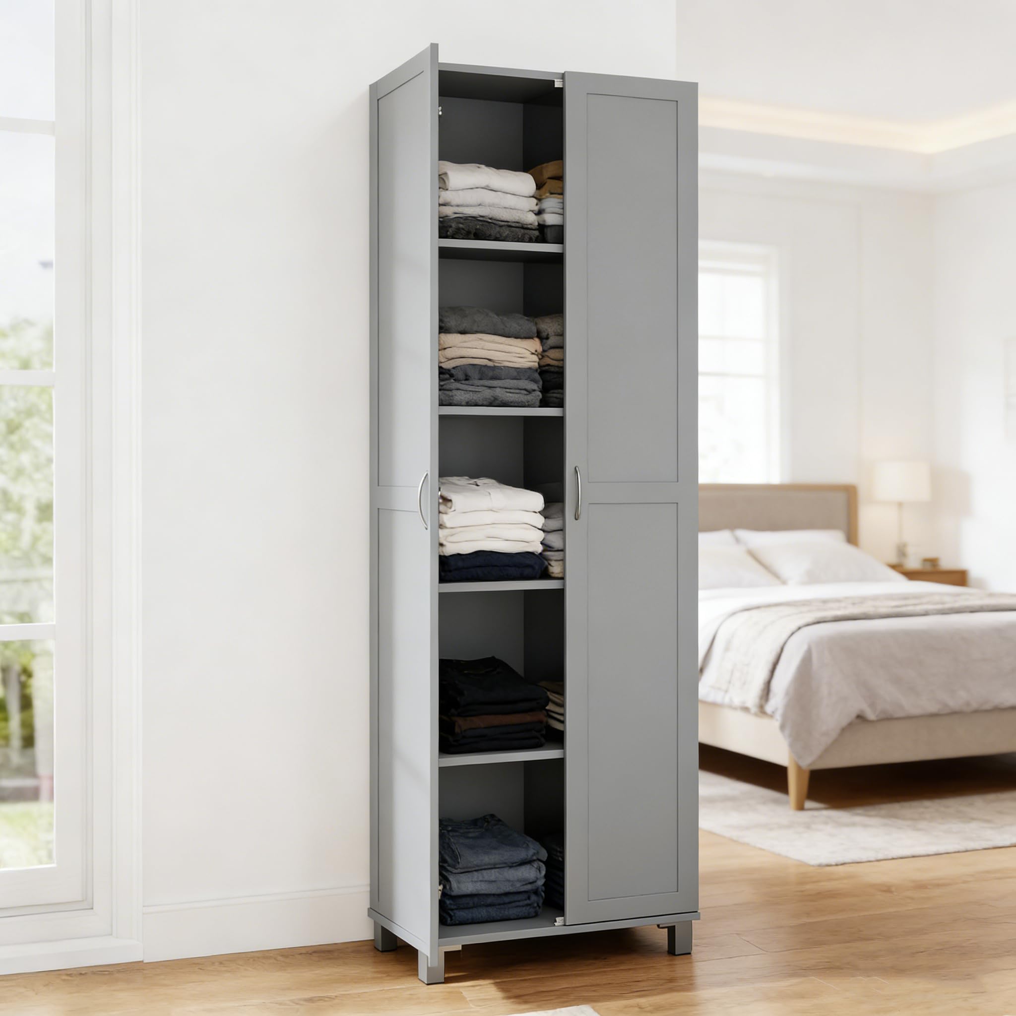 COSTWAY Armoire de Rangement 187 cm, Armoire Chambre 2 Portes, Étagère Réglable, Pieds en Métal, Dispositif Anti-Basculement, Meuble Rangement pour Cuisine, Dressing, Vêtement, 60x39x187cm (Gris)