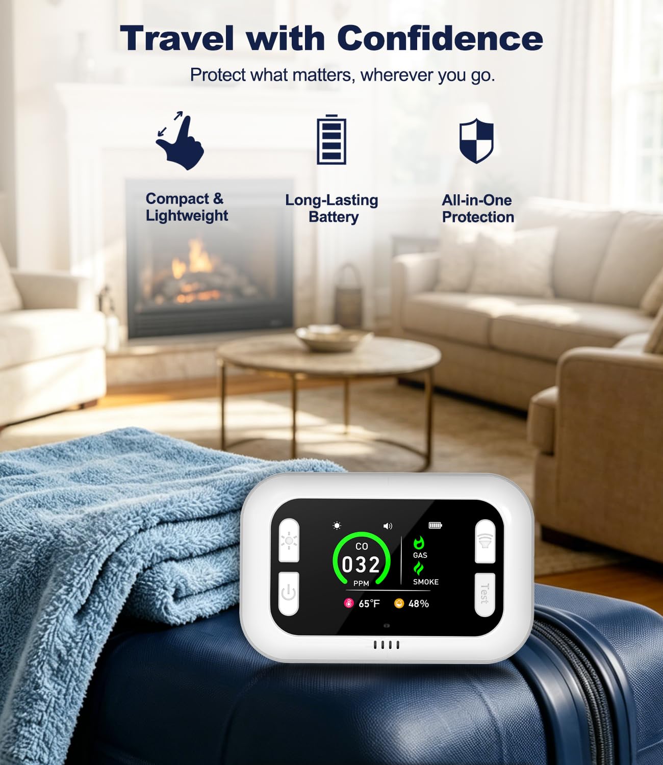 6-in-1 Indoor Air Quality Monitor for Travel & Home, Portable Temperature Humidity Meter with HD Display, Real-Time Environment Monitor with Battery Backup