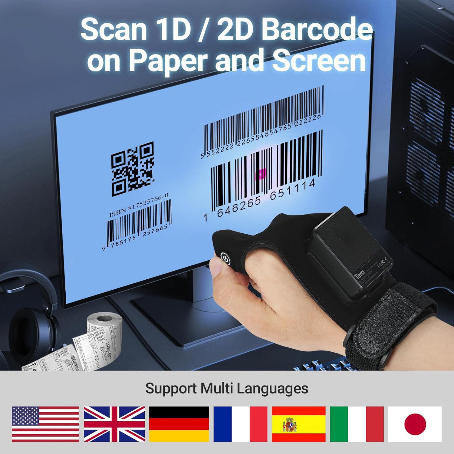 Diagram illustrating the 3-in-1 connectivity options of the Tera HW0013 barcode scanner: Bluetooth, 2.4G wireless, and USB wired.