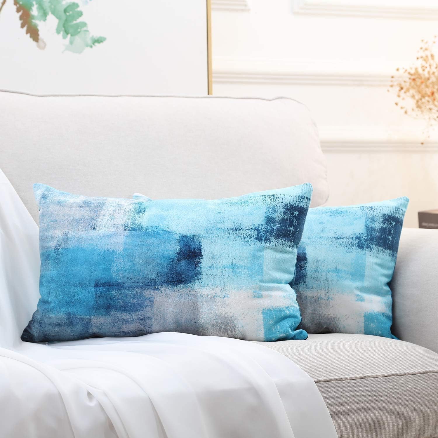 Alricc Lumbar Throw Pillow Covers,Pack of 2 Soft Velvet Decorative Cushion Cover for Sofa Bedroom Car (12X20 inch, Turquoise)