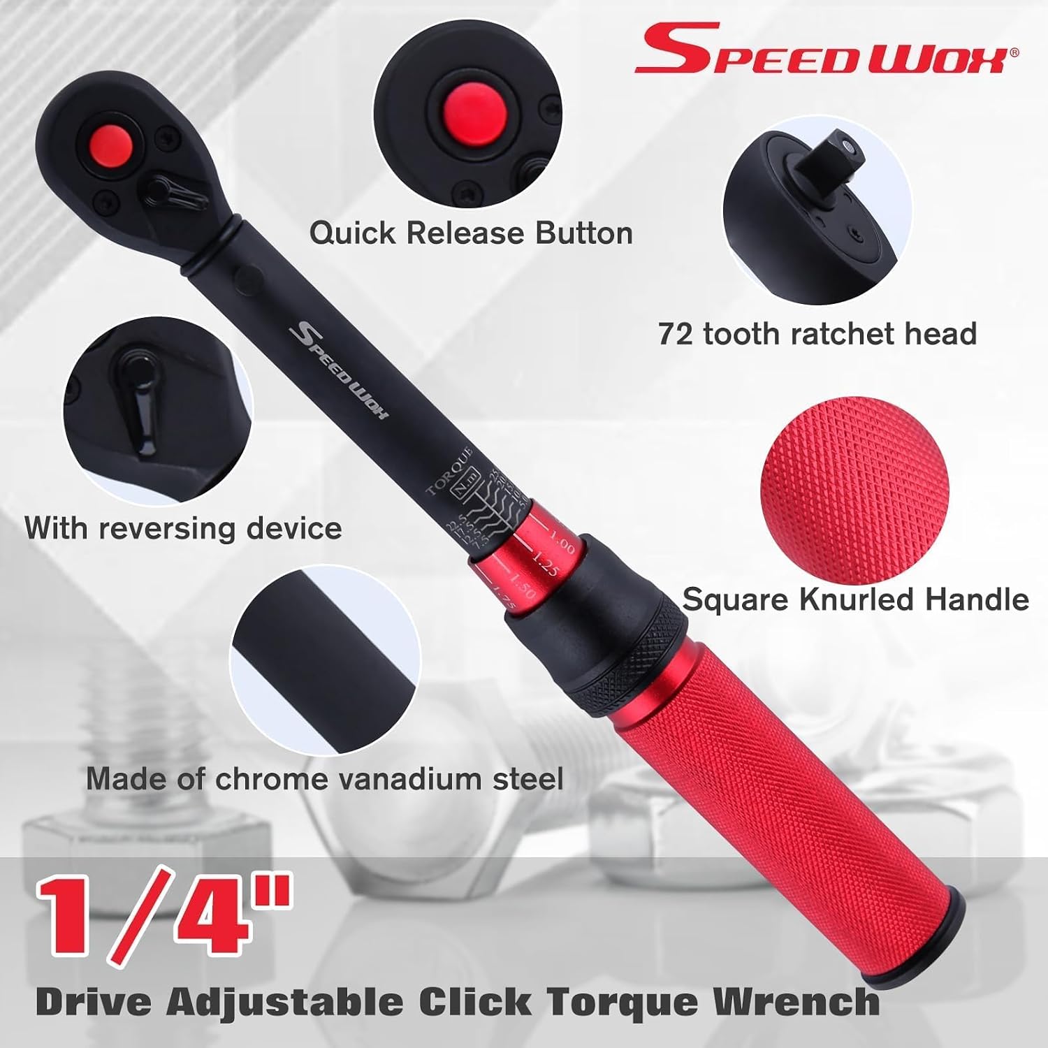 SPEEDWOX 1/4" Drive Adjustable Click Torque Wrench 5-25 Nm Dual-Direction Reversible with Quick Release Head for Bike, Motorcycle and Car Repair