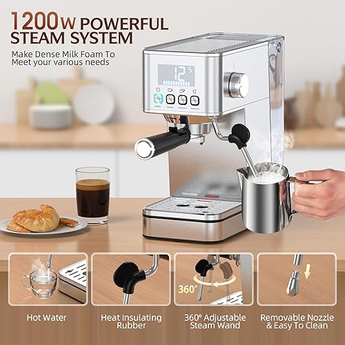 Miniatura 5 de Máquina de café expreso de 20 bares, cafetera compacta de acero inoxidable con espumador de leche de vapor, tanque de agua de 57.5 onzas, indicador