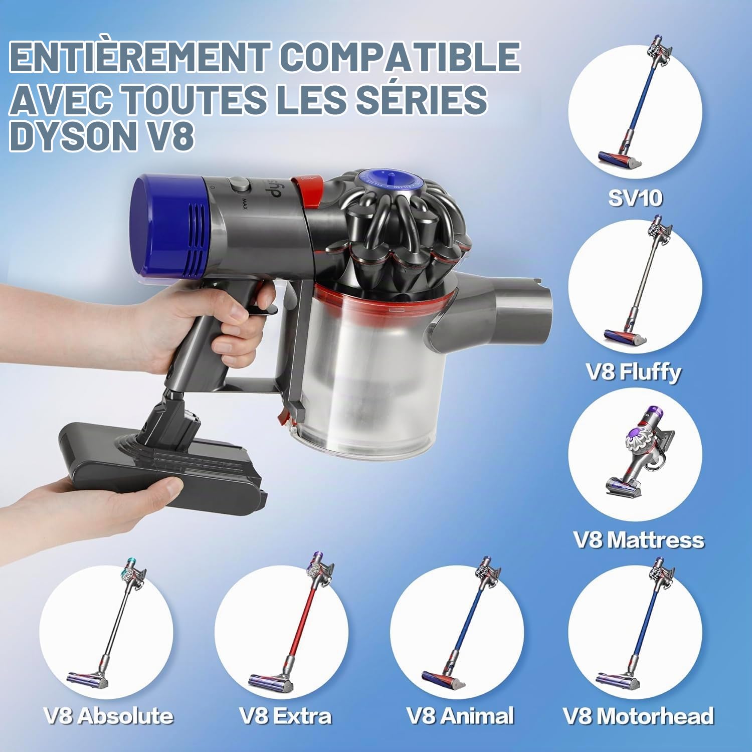 Batterie Remplacement Li-ION 8000 mAh pour Dyson V8, écran LCD, Compatible avec V8 Animal/Absolute/Motorhead/Fluffy/SV10