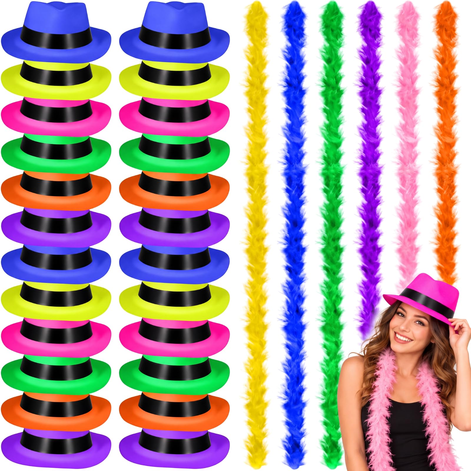 JaGely 48 Pcs Neon Party Hats &amp; Feather Boas for 80s Glow Party