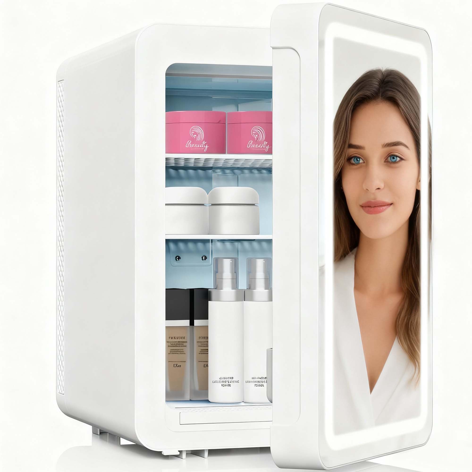 Kikihuose 20L Skincare Fridge with Mirror &amp; LED Lighting, 3-Mode Dimmable, Cooler &amp; Warmer with Drip Tray for Makeup, Cosmetic, Beauty, Mini Beauty Fridge for Bedroom, Vanity, Car &amp; Home Use