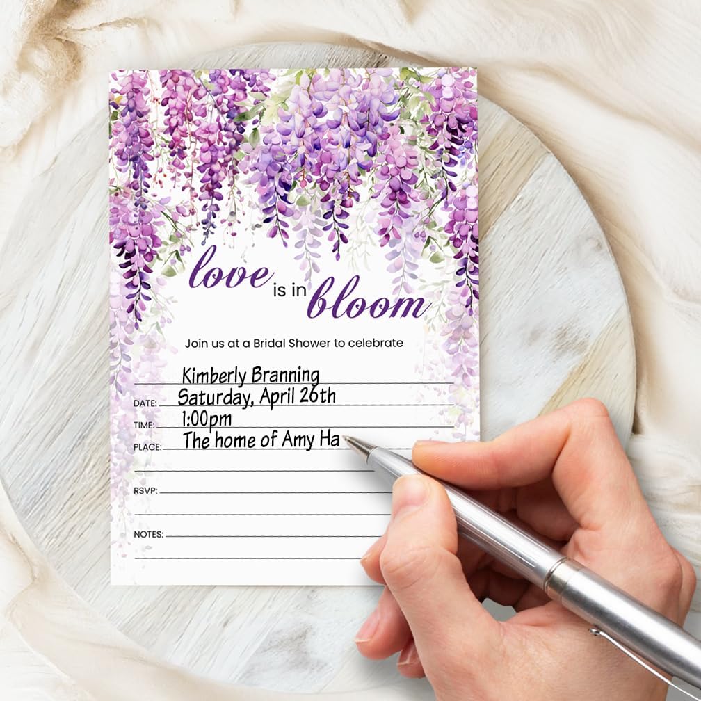 Purple Watercolor Wisteria Bridal Shower Invitation, Set of 20 Fill-in Blank 5x7 Invites and Envelopes (Uncoated white card stock)