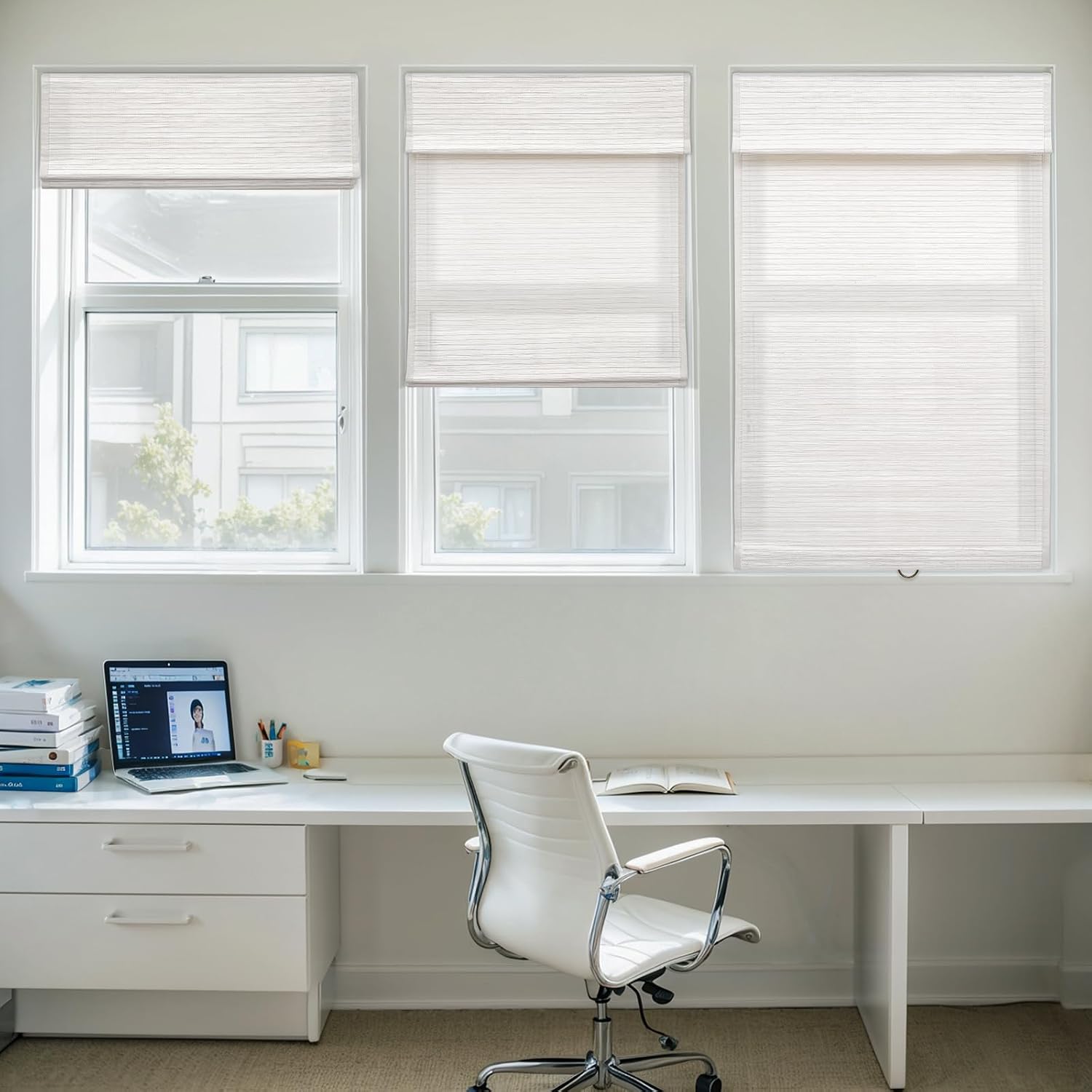 Cordless Roman Shades for Windows, Window Treatments, Natural Fabric Roman Blind, Roman Window Shades, Light Filtering Shades, White(with Edge Liner,Block 40-50% Light), 36" W X 48" H