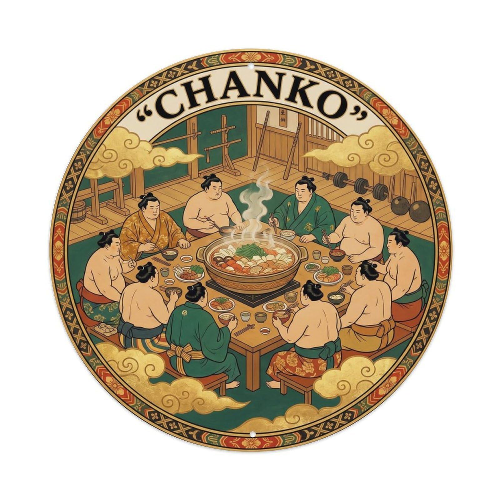Olyhtr 8X8inch Classic Style Sumo Chanko Nabe Meal Stew Yamato Gold Green Metal Tin Sign