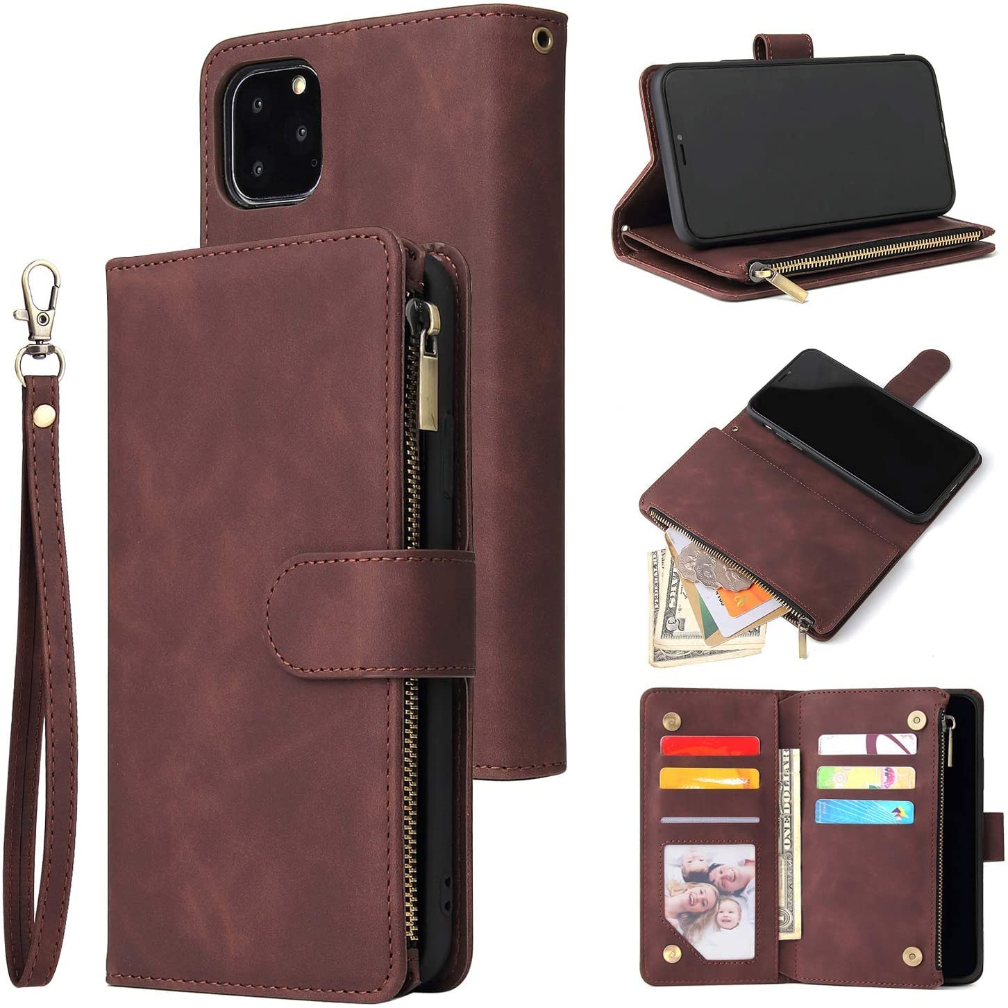 QLTYPRI Wallet Case for iPhone 12, Premium Vintage PU Leather Zipper Pocket with Card Holder Slots Magnetic Closure Kickstand Wrist Strap Shockproof