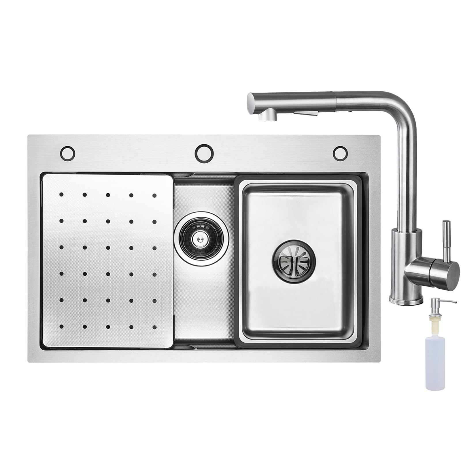 CECIPA Fregadero de cocina de 70 x 45 cm con grifo extensible X203S, acero inoxidable, incluye dispensador de jabón y sifón, incluye fregadero interior de repuesto y tabla de cortar, fregadero de