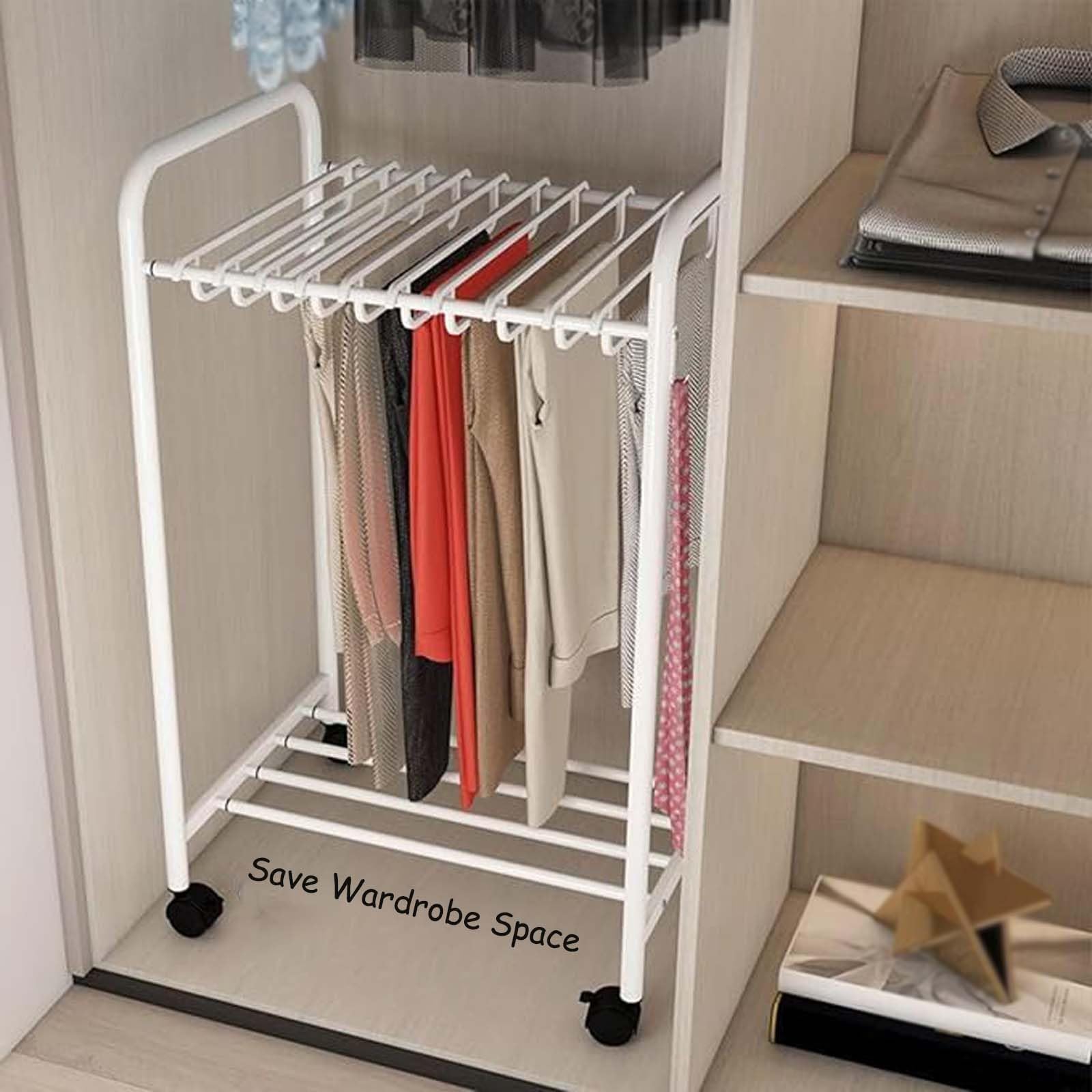 Perchero telescópico de pie para Pantalones con 30 Perchas giratorias: Organizador Multifuncional para Pantalones, solución de Almacenamiento Blanca Que Ahorra Espacio.