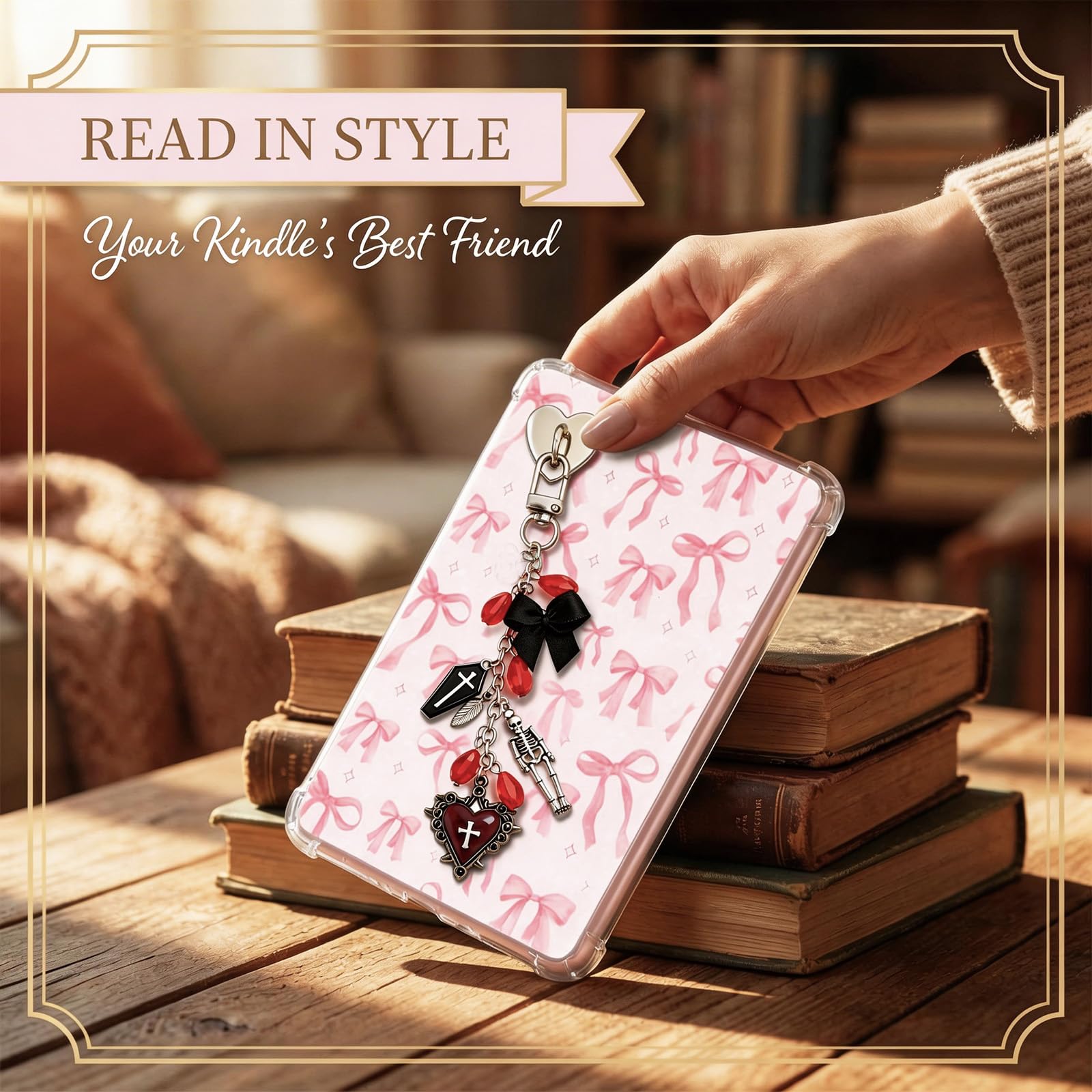 TAKEALOOKO 4PCS Gothic Skeleton Charms for Kindle - Sliver Red Cross Heart Chains with Type C Dust Plug, Stylish Charm for Readers Book Lovers, Compatible for E-Reader Phones Paper White - 4