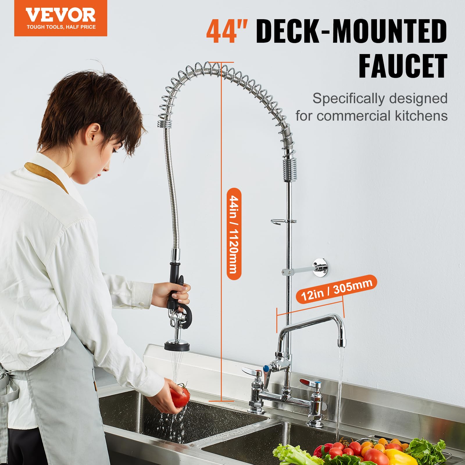 VEVOR Robinet de Cuisine Commercial avec Pulvérisateur de Pré-rinçage, Mitigeur avec Douchette Extractible, 1120 mm de Haut, Entraxe 203 mm, Bec Pivotant 305 mm, Montage sur Pont, pour Évier Rstaurant