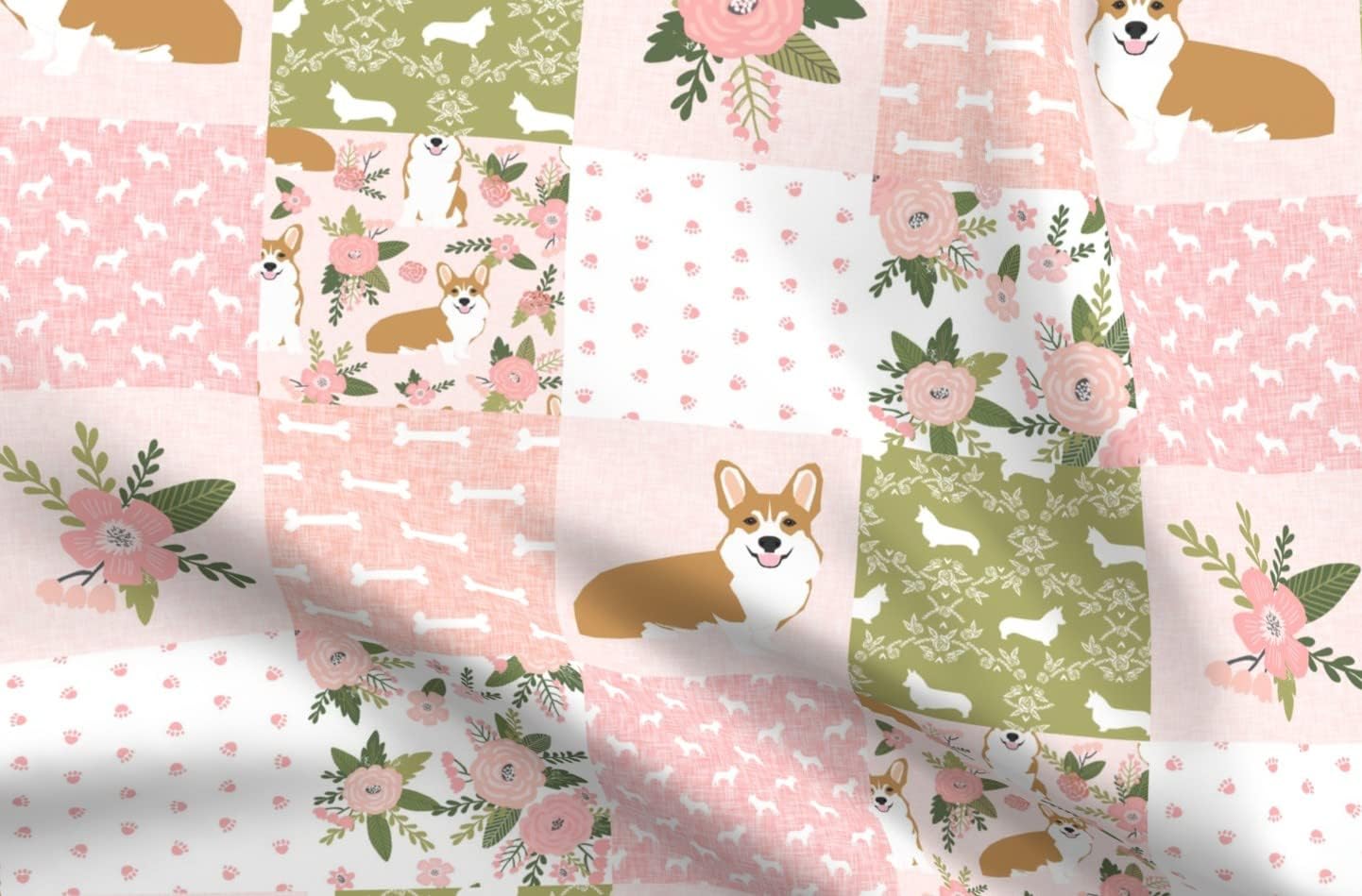 Spoonflower Fabric - Corgi Cheater Quilt Coordinates Dog Breed Florals Floral Corgis Printed on Organic Cotton Sateen Fabric by The Yard - Sewing Quilting Apparel Home Decor