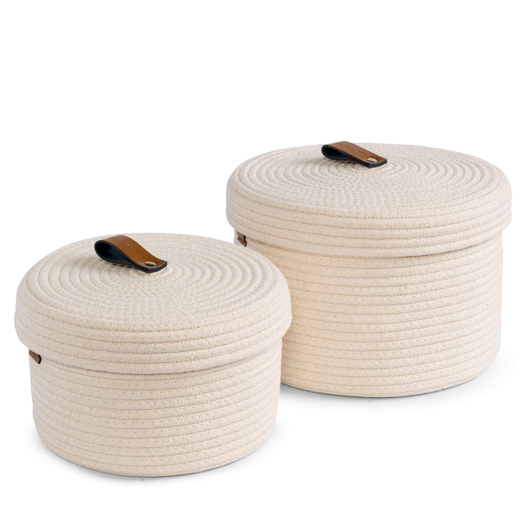 Yearonan 2 Pieces Storage Baskets with lids-Cotton Rope Lidded Basket-Natural cotton thread, leather buckle, Decoration Basket with Lid-Woven storage basket with lid.(White)