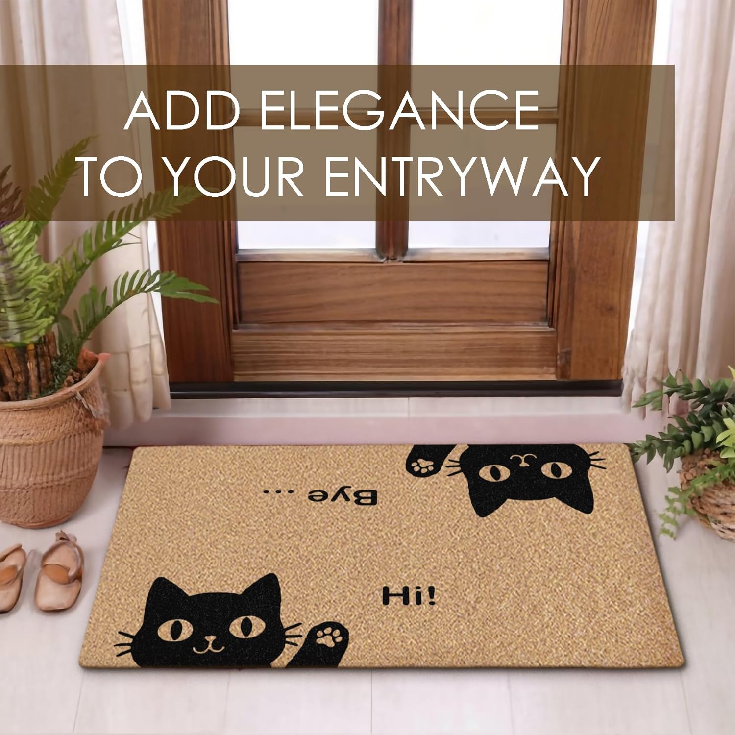 Cat Welcome Mat, Hi-Bye Cat Coco Coir Doormat Door Welcome Mat for Home Entrance Front Door, Cute Black Cats Floor Mats for Outdoor Outside Entryway 30x17 Inch