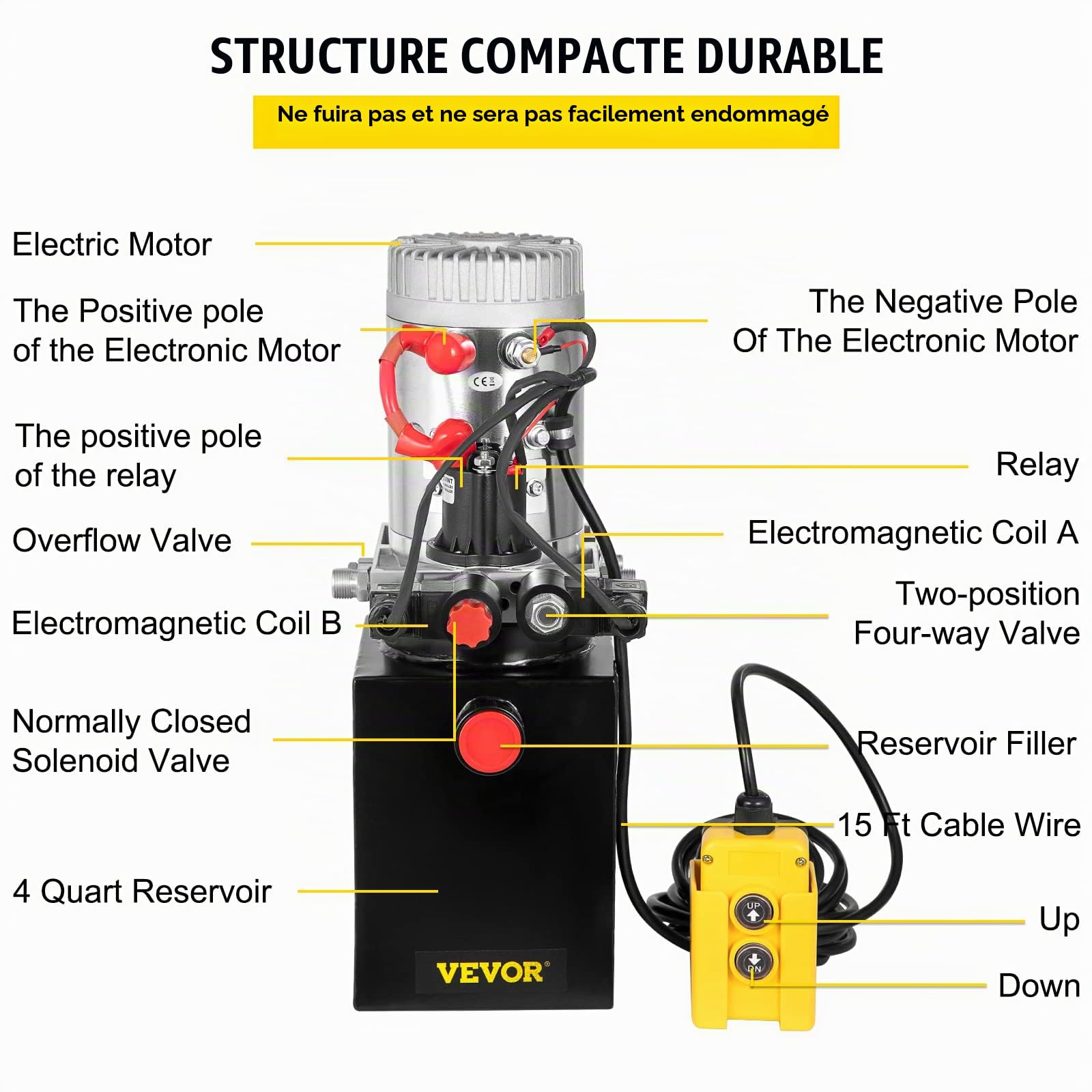 VEVOR Pompe Hydraulique 12 V 4 L, Pompe Hydraulique Remorque Double Effet, Réservoir en Métal Démarrage Rapide Débit d'Huile Rapide Aucune Fuite, Remorque Élévateur à Ciseaux