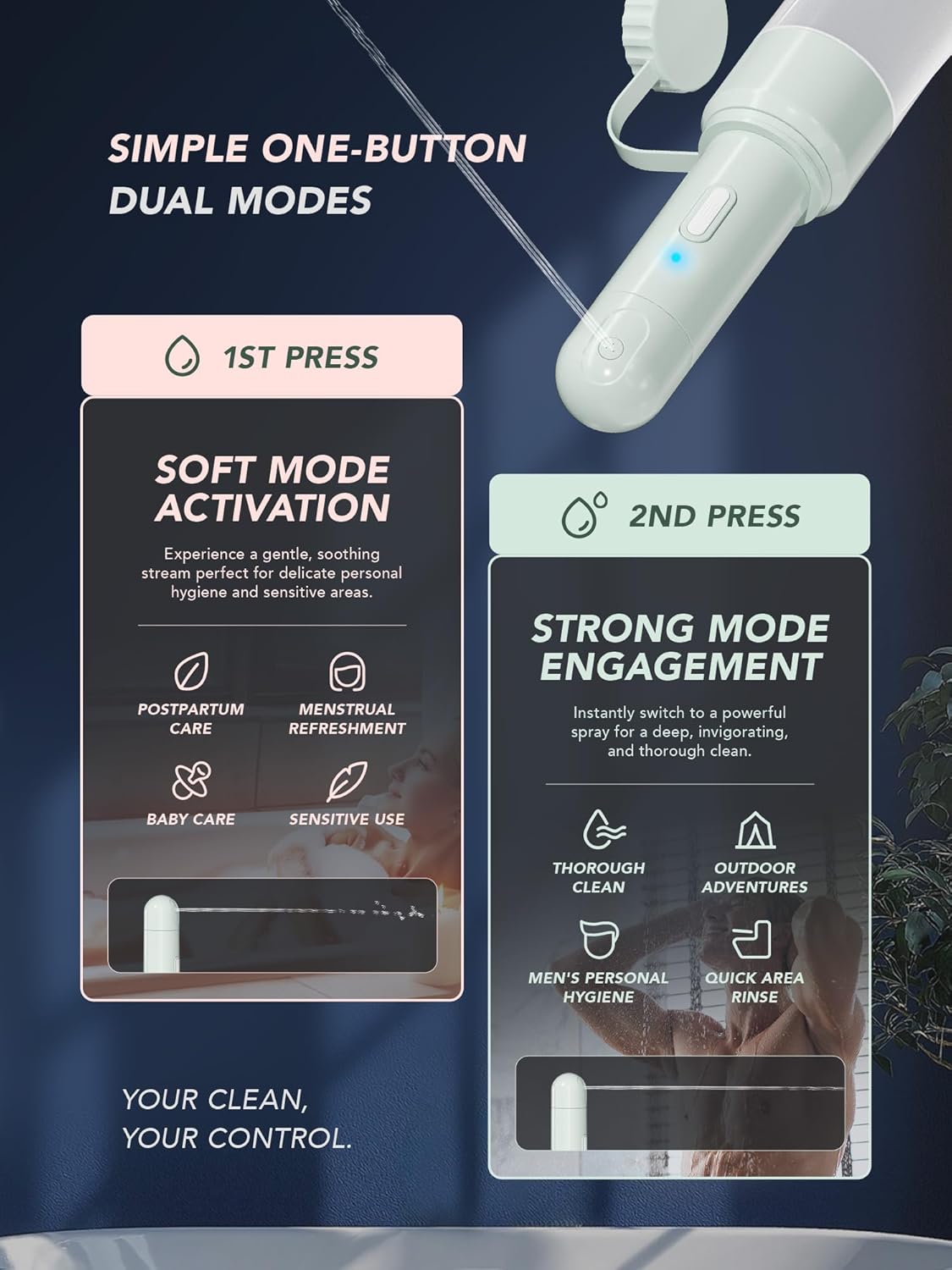 Electric Portable Bidet Sprayer Bottle Handheld for Women & Men, Travel Bidet Portable for Travel, Personal High Pressure Hygiene for Backpacking & Camping (VMASSTONE EPB-001 Mint Green)