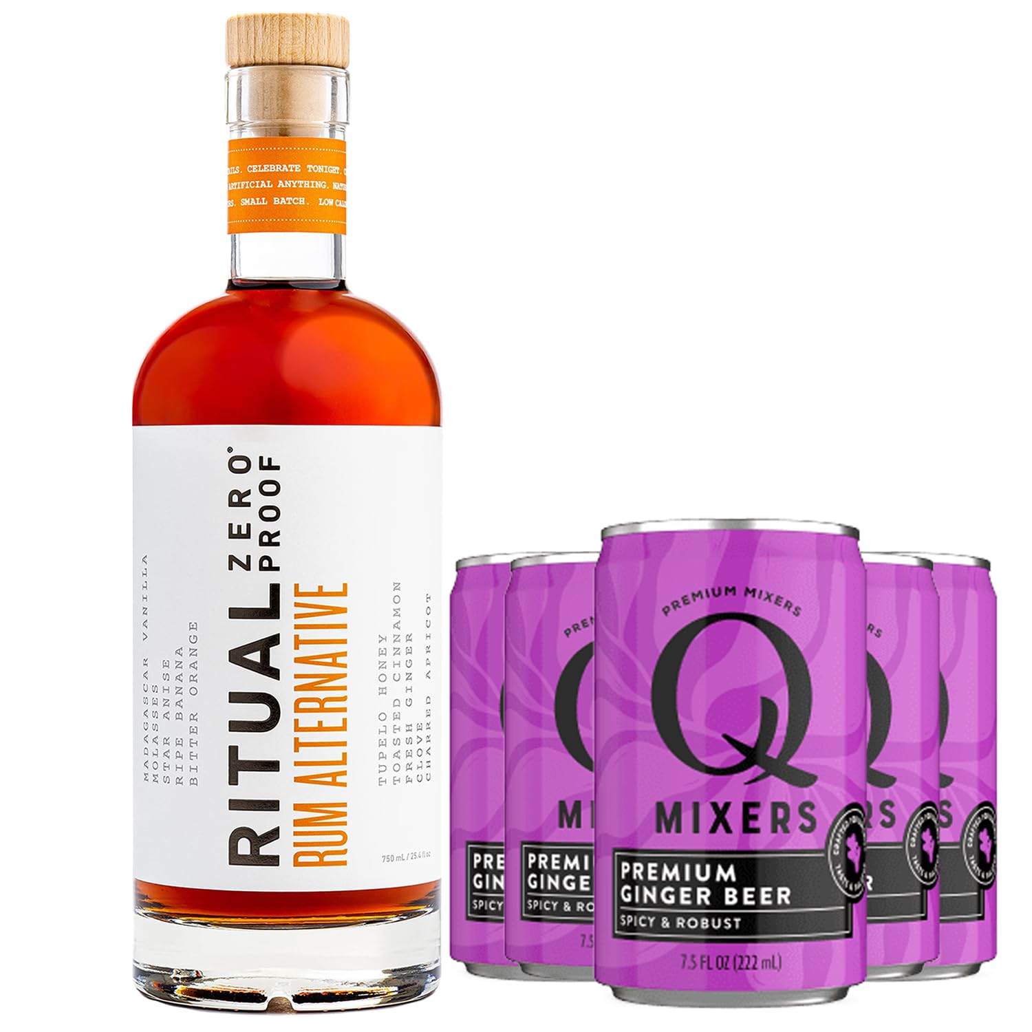 Ritual Zero Non-Alcoholic Rum Alternative with of Q Mixers Ginger Beer for your favorite Alcohol-Free Mixed Drink | 5 PACK