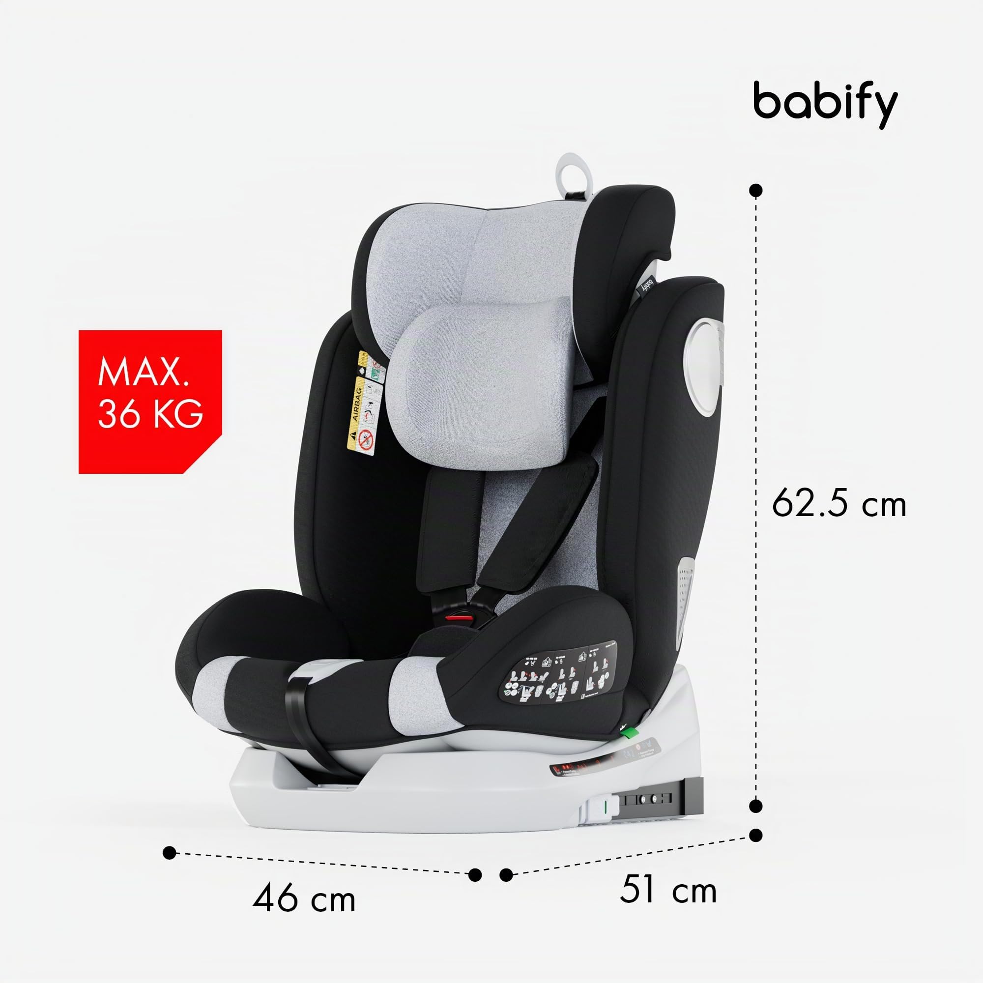 Babify Onboard, Autositz Isofix für Babys und Kinder, 0 Monate - 12 Jahre, 40-150cm, 360°drehbar, tragbarer und sicherer Sitz i-Size ECE R129 Grau