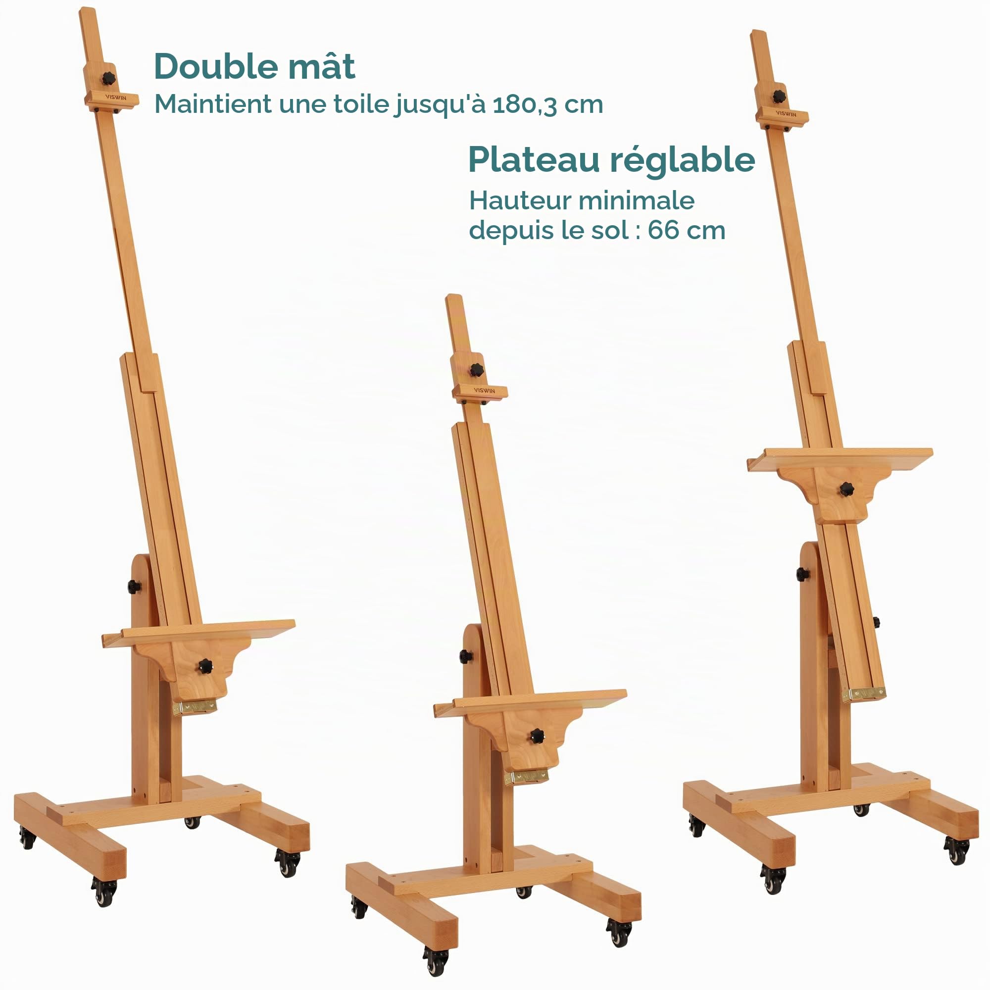 VISWIN Chevalet de studio robuste, inclinable à plat et mobile, réglable en bois de hêtre massif pour peinture, télévision et affichage, peut contenir une toile jusqu'à 180,3 cm, chevalet d'art de sol