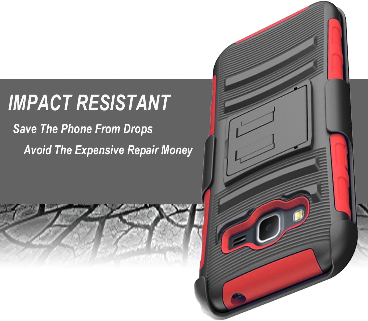 Core Prime Case, Samsung Galaxy Core Prime Case, Rugged Shell Cover Holster with Kickstand and Locking Belt Clip Black + Circle(TM) Stylus Touch Screen Pen and Screen Protector (Red)
