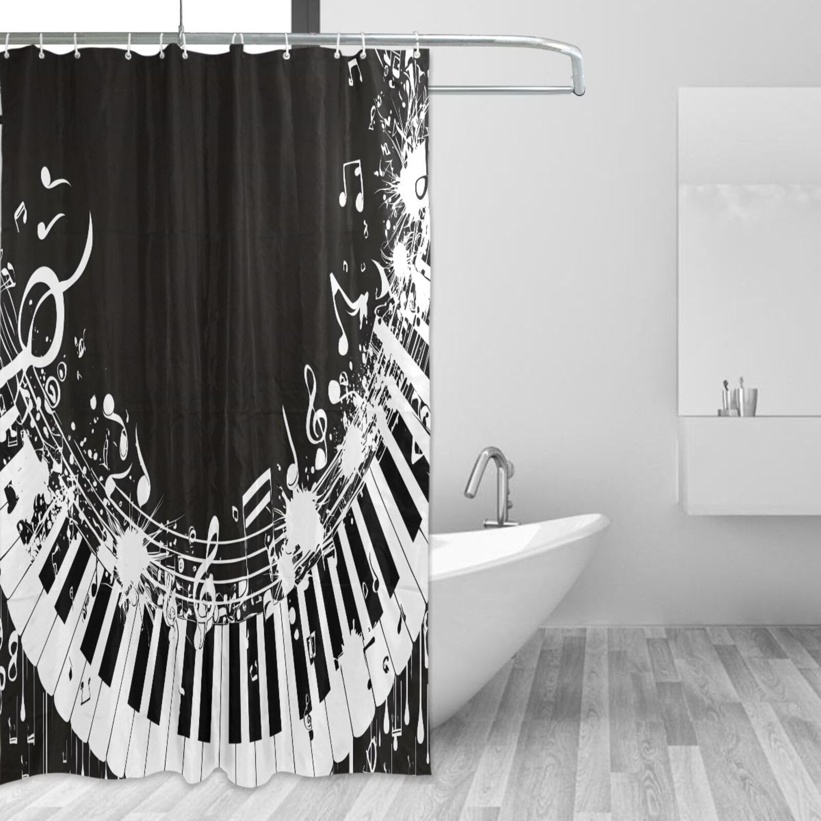Rideau de douche tissu 157x183 avec 12 crochets motif piano imperméable