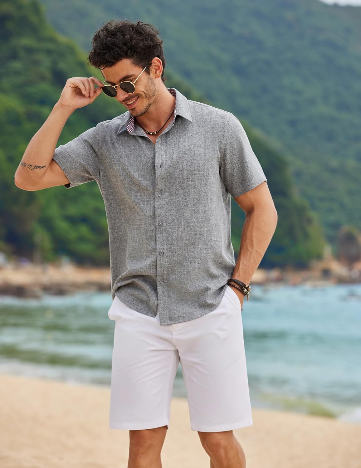 COOFANDY Mens Linen Shirt Casual Short Sleeve Button Down Shirts Summer Beach Vacation Tops - Image 4