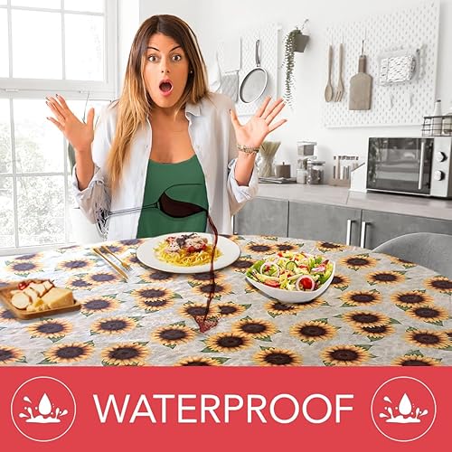 Miniatura 3 de Covers For The Home - Funda de mesa ajustable de vinilo con interior de franela y borde elástico, de lujo, con diseño de girasol, pequeña redonda