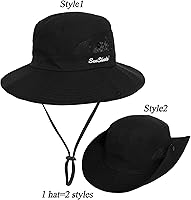 Vista 53 de Sombrero de pesca de playa de ala ancha para mujer, con protección UV, plegable, con agujero para cola de caballo