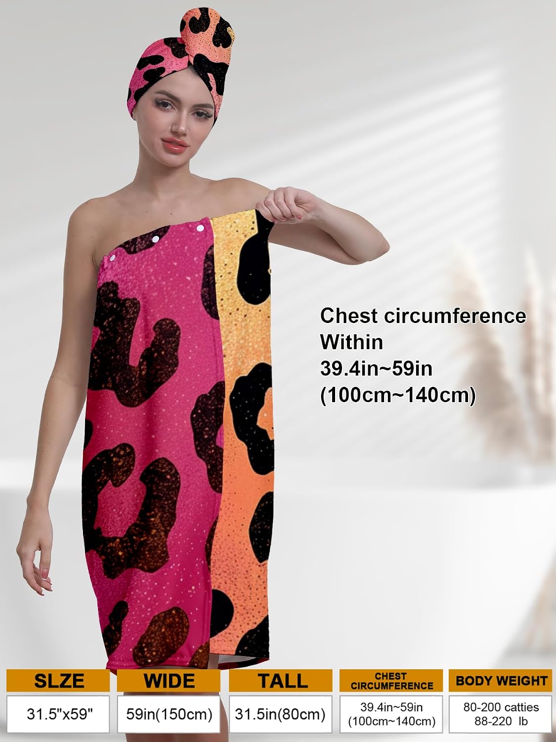 TURTLEDOVE Leopard Print Bath Wrap Set with Hair Turban, Microfiber Spa Towel Wrap, Adjustable Women's Shower Wrap with Matching Head Towel, Pink and Orange Pattern