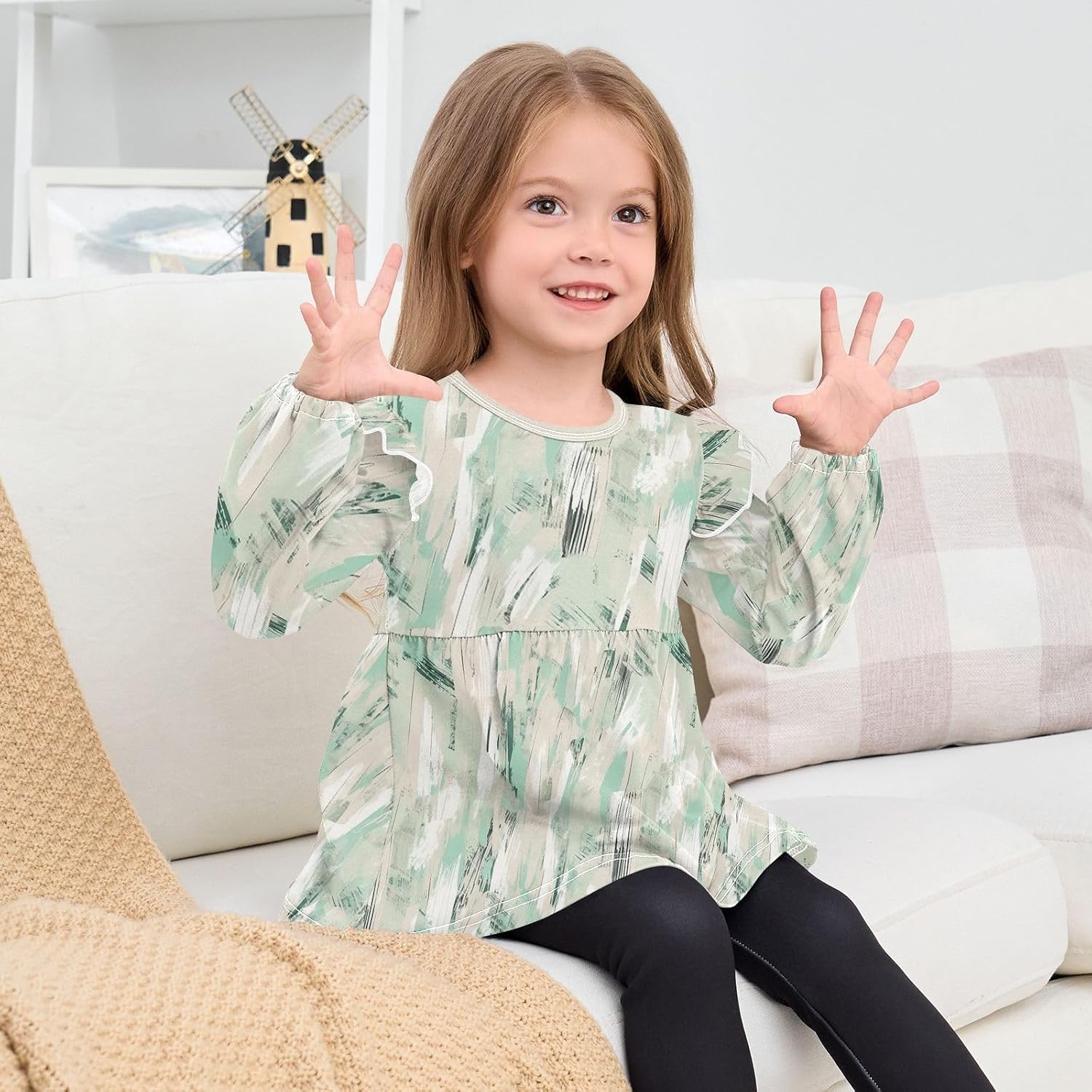 visesunny Toddler Clothes for Girls Mint Block Graffiti Long Sleeve Fall Shirts Cotton Top with Ruffle Collar