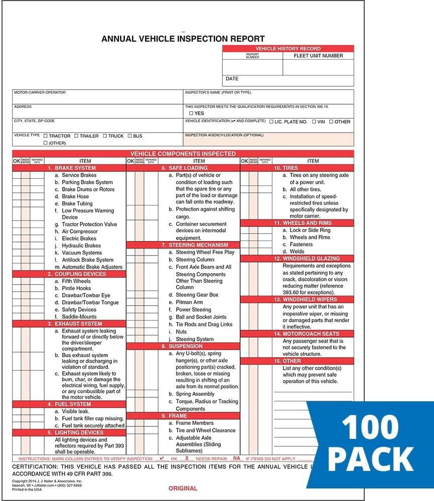 J. J. Keller 100-Pack, Annual Vehicle Inspection Report Forms, 2-Ply Carbonless Form, DOT Compliant