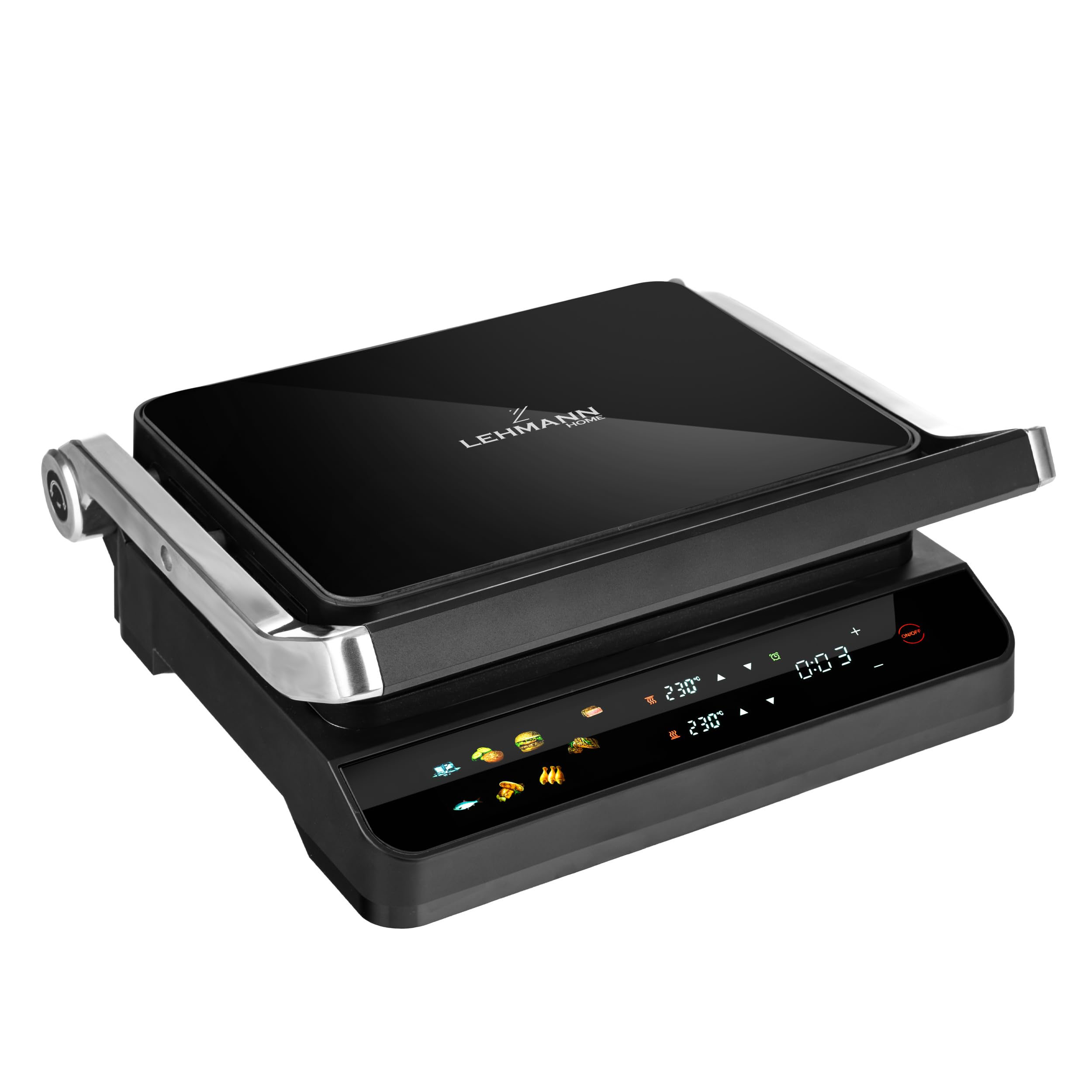 LEHMANN Bistecchiera Elettrica, 2000 W, Apertura 180°, Piastre Antiaderenti Rimovibili, 10 Programmi, Regolazione Temperatura 90-230°C, Timer 1-240 min, Griglia per Cucinare Carne, Pesce e Verdure