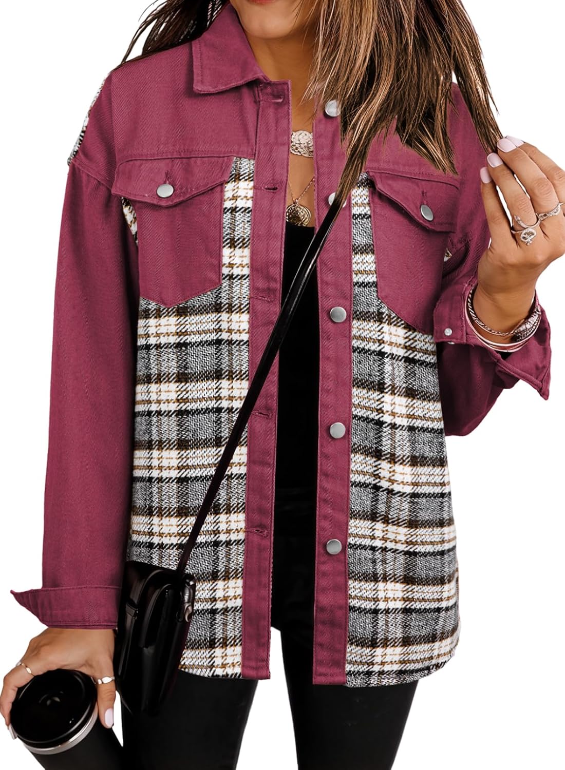SHEWIN Womens Oversized Denim Jacket Casual Long Sleeve Button Down Plaid Shacket Boyfriend Jean Jacket With Pockets image 2
