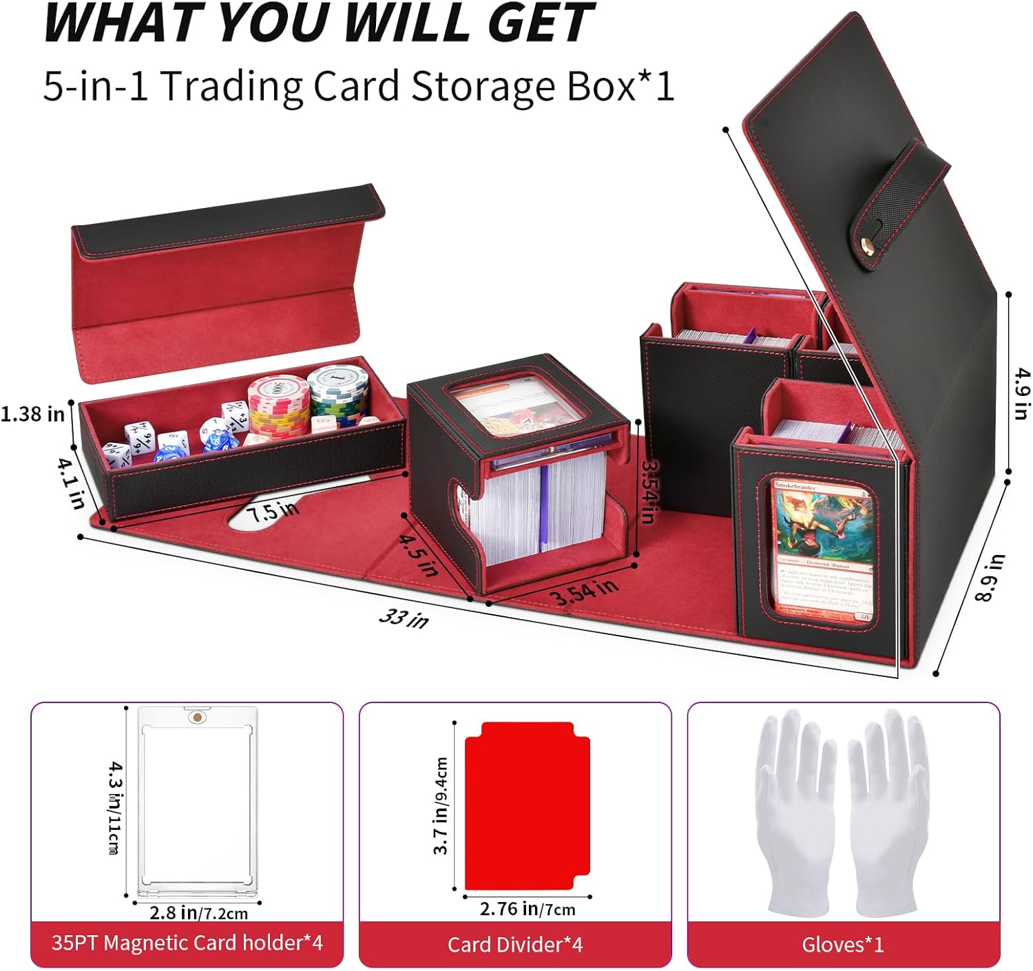 Commander Deck Box for MTG, Trading Card Storage Box Holds 400+ Double-Sleeved Cards, 5 IN 1 Removable Card Case with Dice Tray, Display Window with Magnetic Card Holders for TCG/CCG (Black Red)