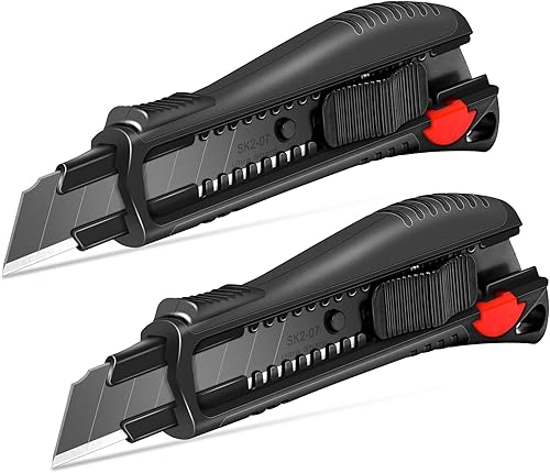 HAUTMEC Cuchillo utilitario de agarre suave de 0.709 in con interruptor de seguridad rojo, cortador resistente con hoja negra ultra afilada