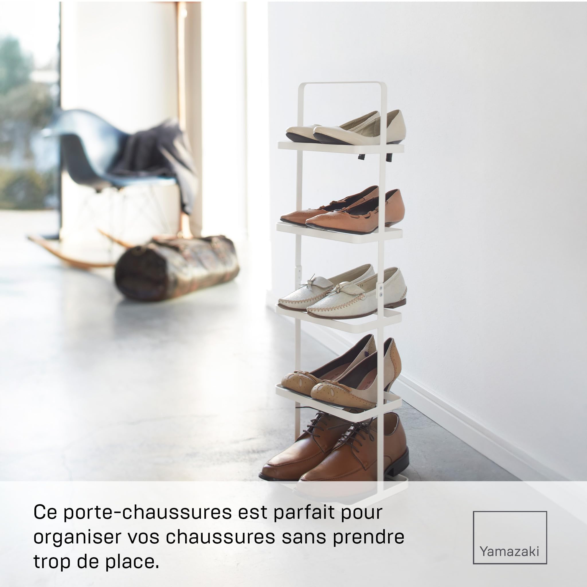 YAMAZAKI TOWER Étagère à chaussures haute, en acier -porte chaussures à 5 niveaux, pour 5 paires, étroite, rangement - 18 x 22 x 77,5 cm, design japonais, blanc