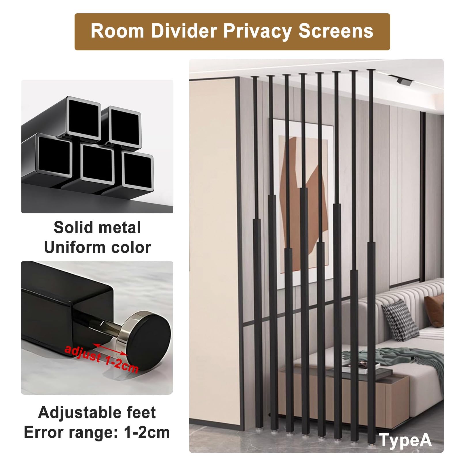 Separador de ambientes de listones de metal, separador de privacidad ajustable para espacios interiores, diseño de poste de hierro negro