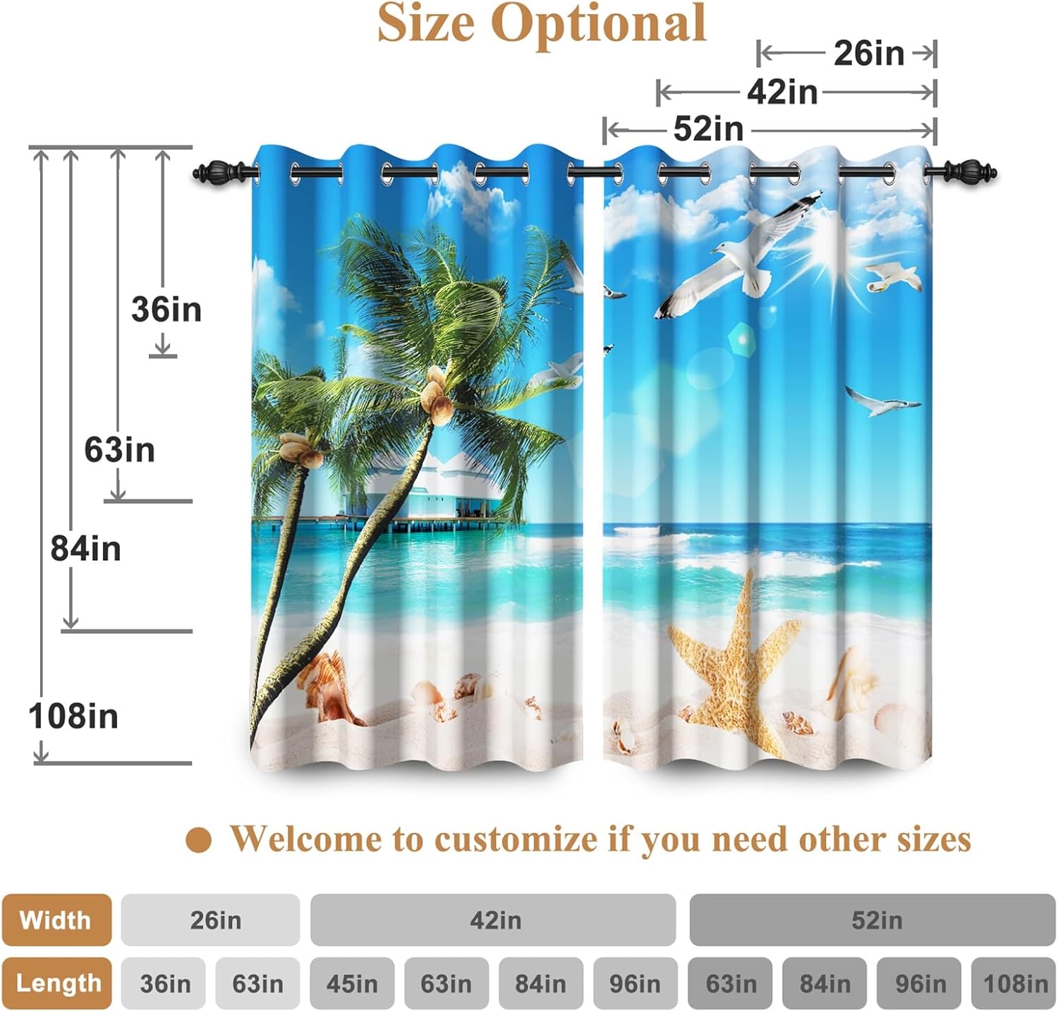 Renaiss 42 x 63 Inch Tropical Ocean Blackout Curtains Beach Hawaii Palm Cocoanut Tree Starfish Pigeon Blue Sky Sea Theme Grommet Window Drapes for Bedroom Living Room Summer Home Decor 2 Panels
