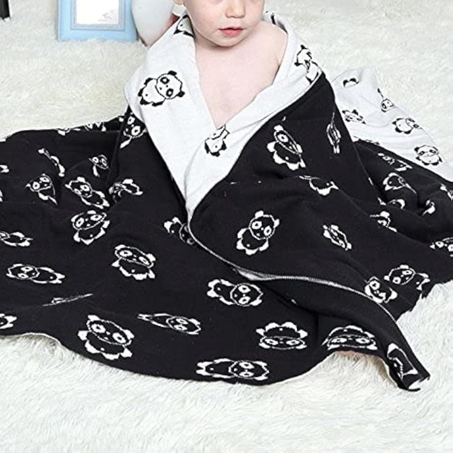 Brandream Heirloom Knit Baby Blanket - 100% Cotton - Newborn Baby - Swaddle - Knitted - Gender Neutral Oversize 40"x50", Black and White Reversible Panda Nursery Bed Blanket