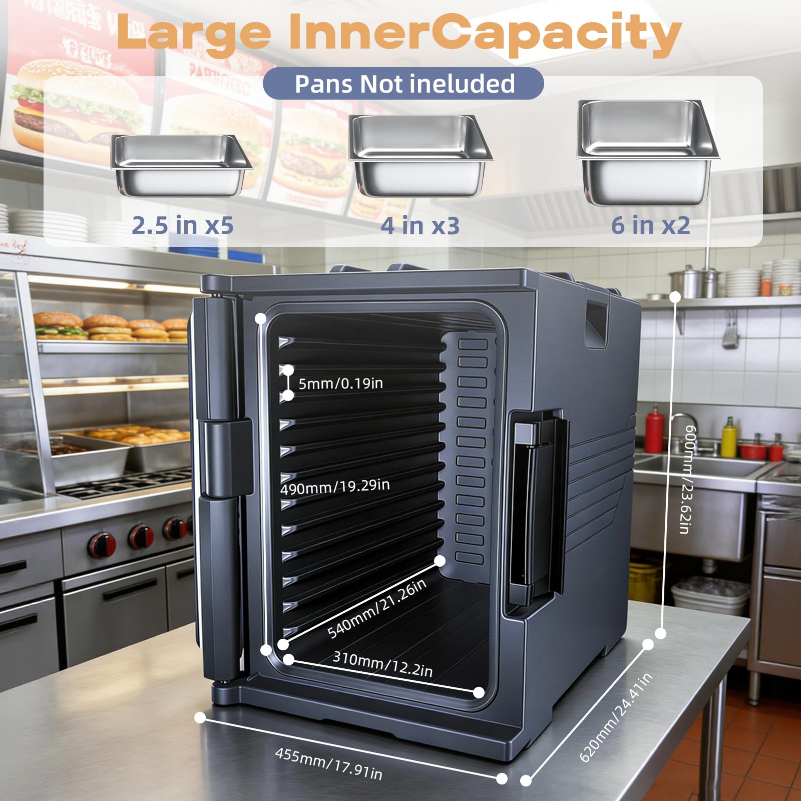 Contenitore termico per alimenti da 95 QT, scatola termica non elettrica per feste a buffet, contiene sei padelle da 6,3 cm, ritenzione del calore per 6 ore, caricamento frontale e impilabile