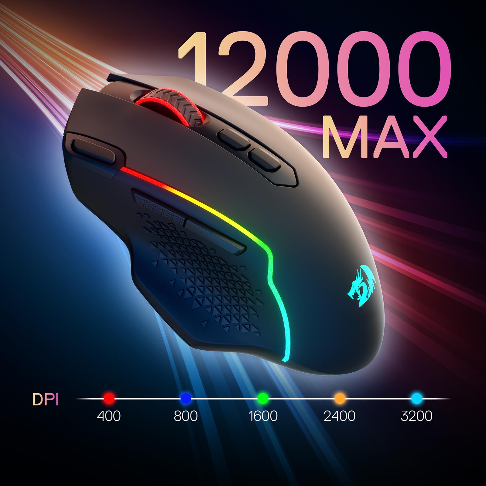 Redragon M810 MAX 3-Mode Wireless Gaming Mouse, 12000 DPI Wired/Wireless RGB Mouse w/Rapid Fire Key, 8 Macro Buttons, 188-Hour Reliable Power Capacity for PC/Mac/Laptop