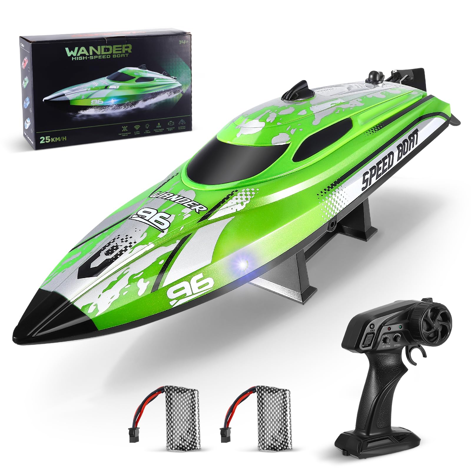 RC Boat,2.4Ghz Remote Control Boat Outdoor Radio Controlled Watercraft with Low Battery Alarm Rechargeable Battery,Self Righting Racing Boats for Pools and Lake 25KM/H for Childrens or Adults(Green)